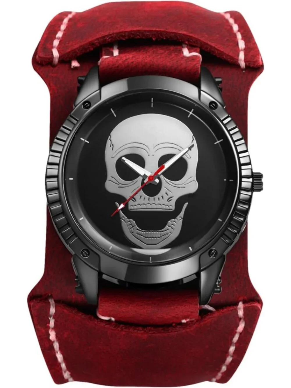 Men's Red Analog Quartz Steampunk Leather Gothic Skull Wide Cuff Wrist Watch